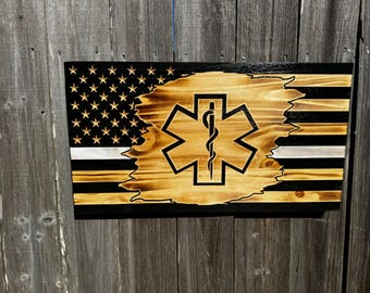 EMS American Flag | EMT Wooden Flag | Paramedic Gift | Star of Life Wall Decor | First Responder Gift