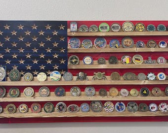 American Flag Challenge Coin Holder, Rustic Challenge Coin Display, Military Coin Rack, Veteran Gift, Patriotic Wall Art, Coin Holder Flag