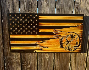 Bass Fishing American Flag | Wooden Fishing Flag | Largemouth Bass Wall Decor | Fisherman Gift | Rustic Wood Flag