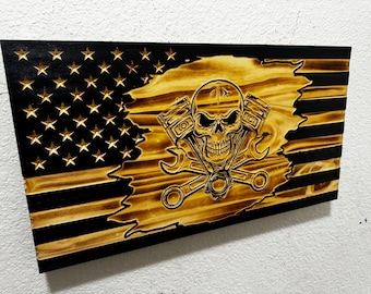 Mechanic Wooden Flag, Rustic Garage Wall Art, Mechanic Gift, Tattered American Flag, Auto Shop Decor, Man Cave Decor