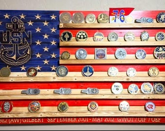 Navy Challenge Coin Holder Flag, US Navy Coin Display, Military Coin Rack, Veteran Gift, Rustic American Flag, Navy Wall Decor