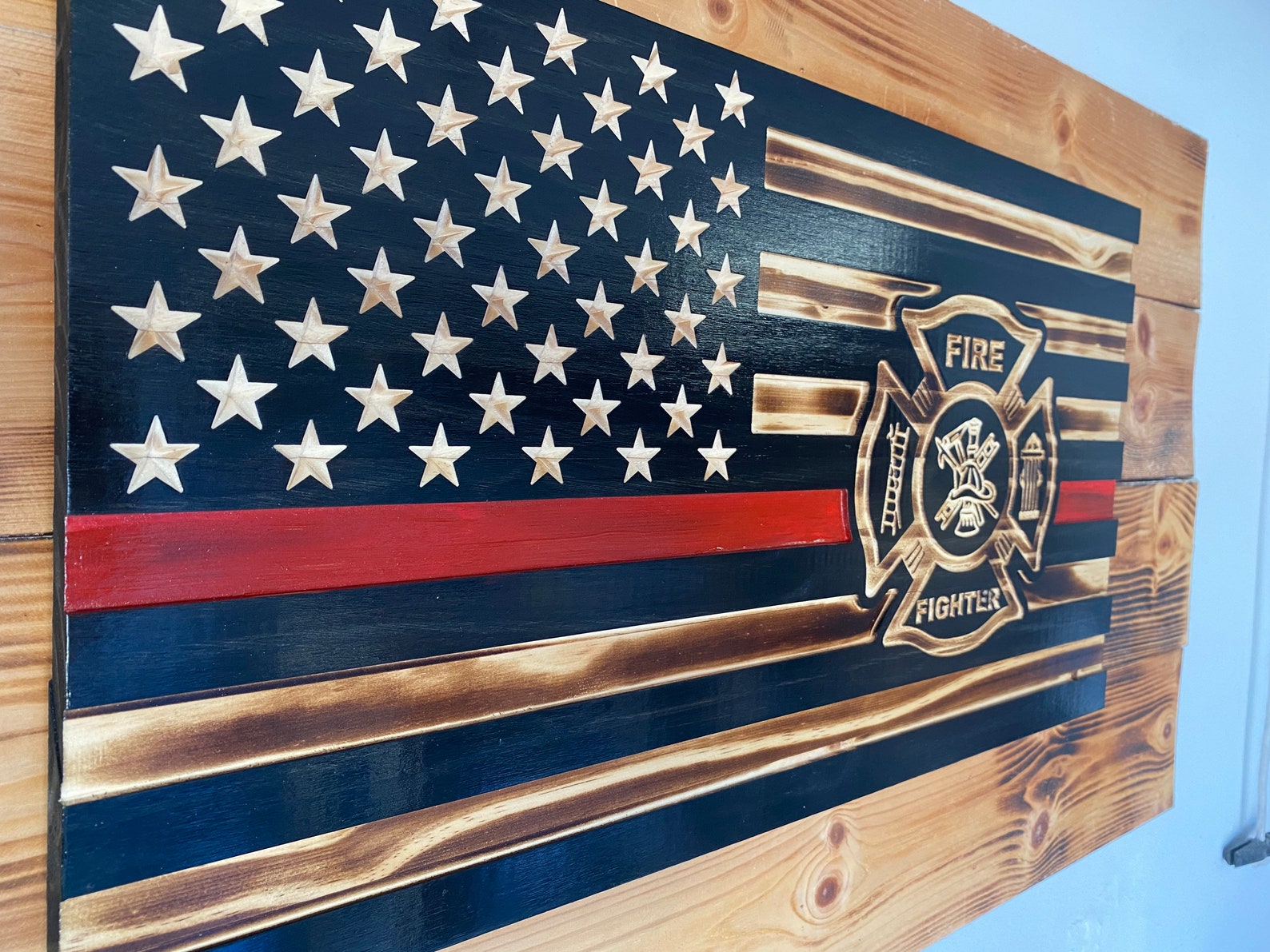 Rustic Thin Red Line Fire Fighter Wooden Flag - Etsy