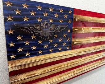 U.S. Navy Naval Aviator Wings Wooden American Flag | Military Retirement Gift | Wings of Gold Wall Decor | Naval Pilot Gift | Veteran Decor