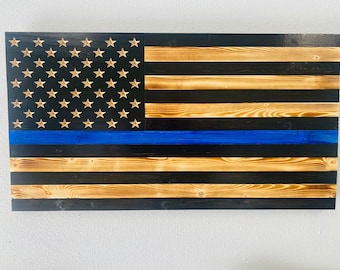 Thin Blue Line Wooden Flag, Police Wall Art, Law Enforcement Flag, Police Gift, Rustic Carved Wooden Flag, Police Decor