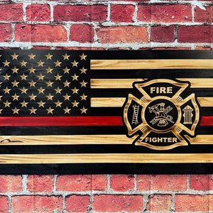 Rustic Thin Red Line Fire Fighter Wooden Flag