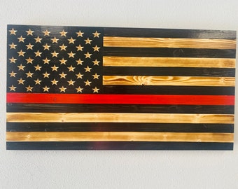 Rustic carved thin red line EMS first responder Wooden flag
