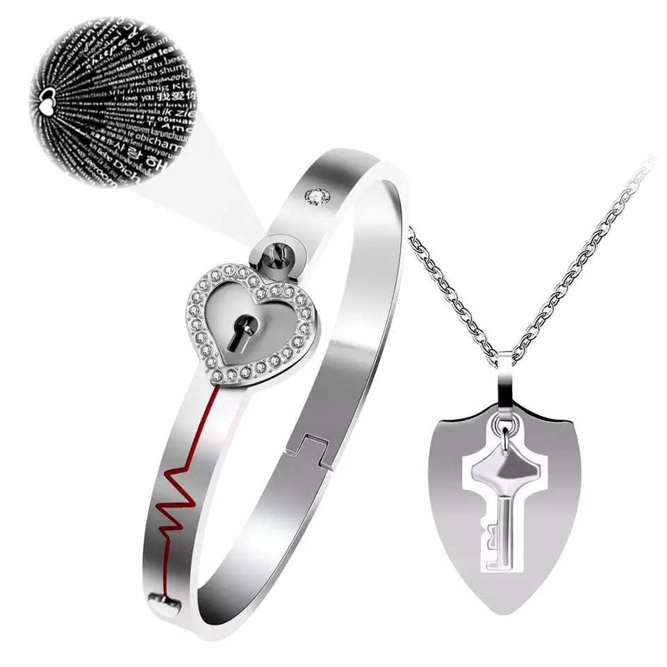 Couple Titanium Steel Love Heart Lock Bracelet Bangle & Key Pendant  Necklace Set