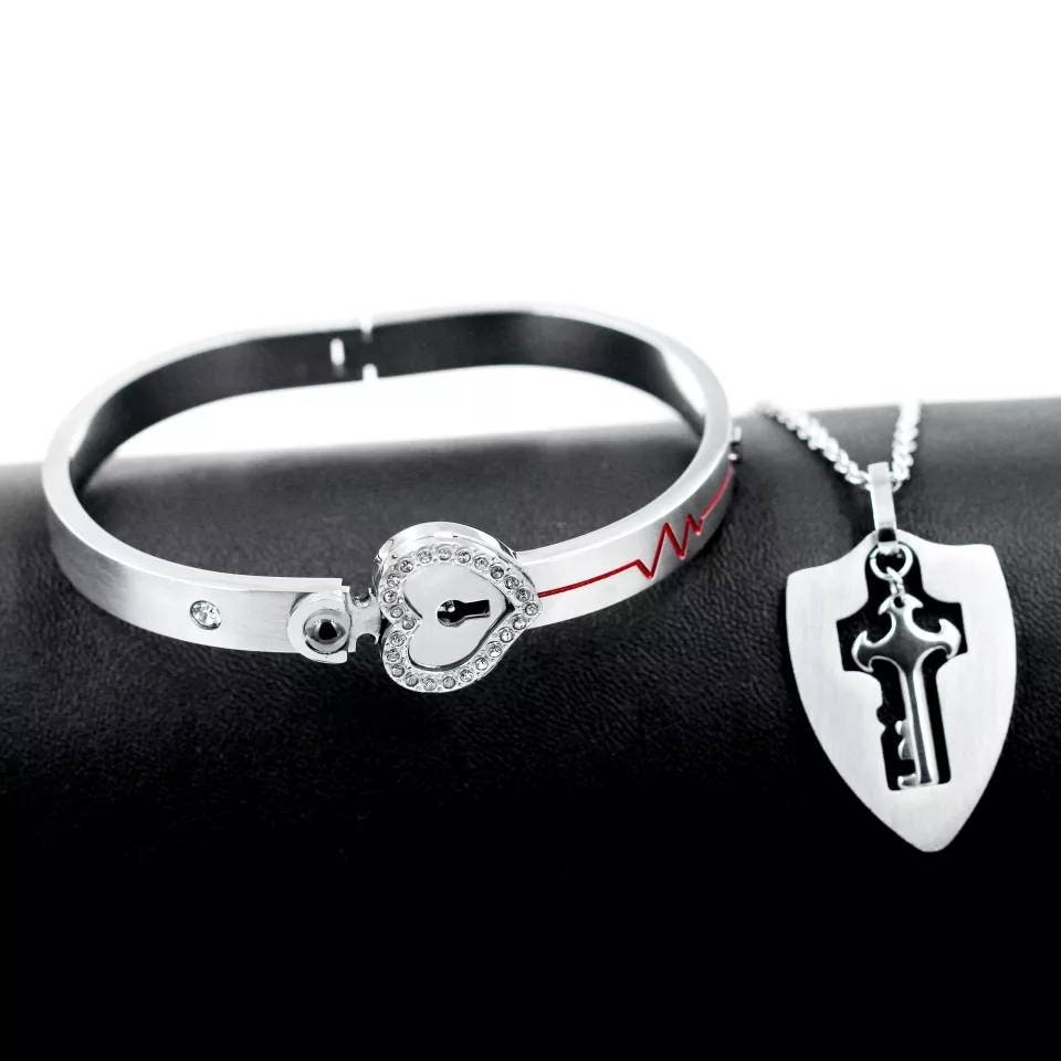 OurCoordinates Lock Bracelet and Key Necklace Jewelry Set for Couples - Valentines Day Gift, Silver