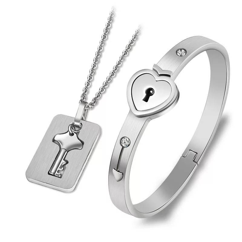 Lock Bracelet and Key Necklace - Titanium Steel Couples Jewelry