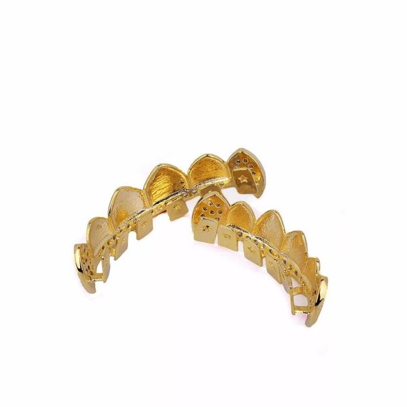 14k Gold Plated Hip Hop Two Tone Si CZ Teeth Grillz Caps Fang Top Grill 14k Gold Plated Hip Hop Two Tone Si CZ Teeth Grillz Caps Fang Top Grill