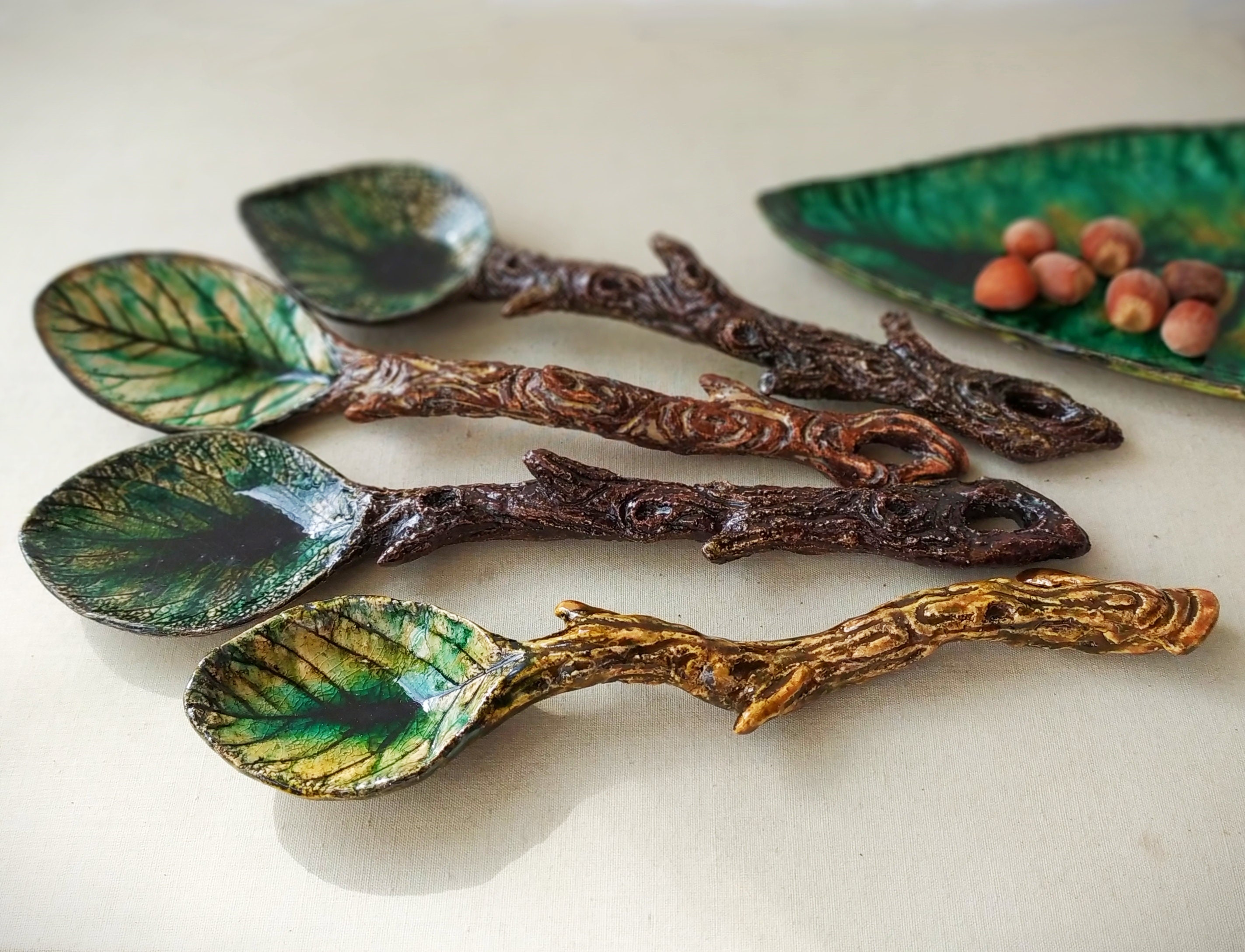 Decorative ceramic spoon in the form of a twig with a leaf. Etsy