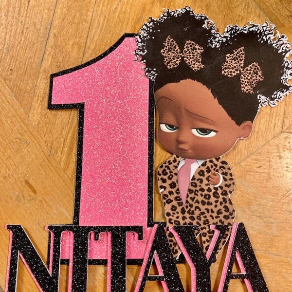 African American Cheetah Boss Baby Personalized Cake Topper