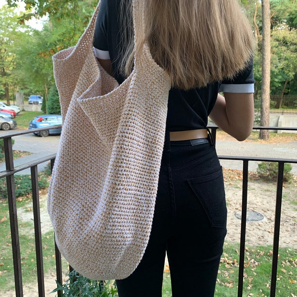 Crochet Shopper Bag Cotton Big Bag Crossbody Capacious Boho Bag Tote Shopping Bag Large Beige Shoulder Bag Slouch Bag