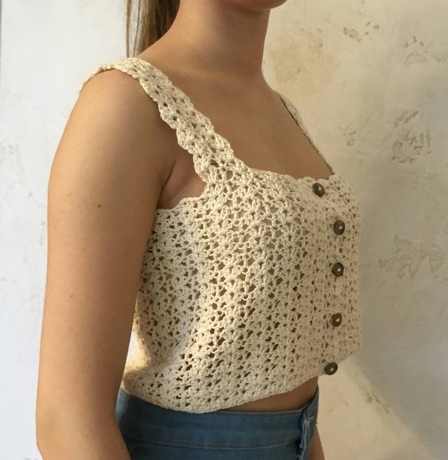 Crochet Top Crochet Crop Top Crochet Blouse Ecru Women Fashion Style Summer  Clothes Beach Wear Gift for Girl Mercerized Cotton 