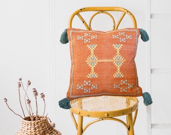 Moroccan Cactus Cushion Cover With Grey Tassels 18x18 ~ Burnt Orange Rust Pillow Cover ~ Handwoven Cotton Decorative  Australia ~ 45cm