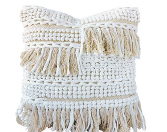 Cream White Boho Cushion With Tassels ~ 18”~ Decorative Throw Pillow cover~ Neutral Couch Cushion ~ Large Moroccan Floor Cushion Australia