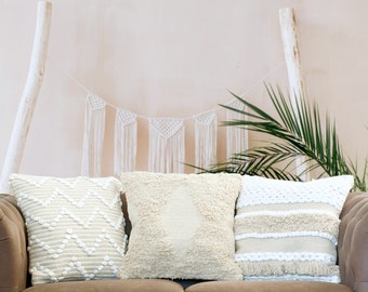 satTva Cushions ~ Cushion Covers Set of 3 ~ Boho Textured 18”(45cm) ~ Cream & White Woven Pillow Covers ~ Bohemian Throw Pillows