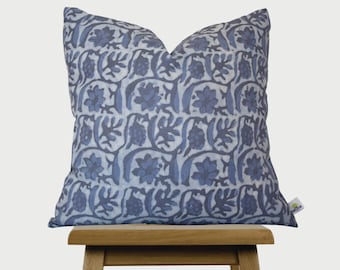 Hand Block Printed Linen Cushion Cover ~ Blue & Grey Throw Pillows for Couch,Bed~ Cotton Floral Pillow Covers  ~India home Decor Australia