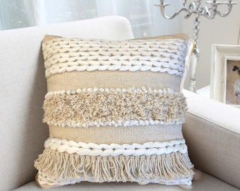 Boho Beige Fringe Cushion Cover~Neutral Textured  Throw Pillow Cover 18”~White Cream Natural Woven Tassel ~ Scandi Bohemian Decor Australia