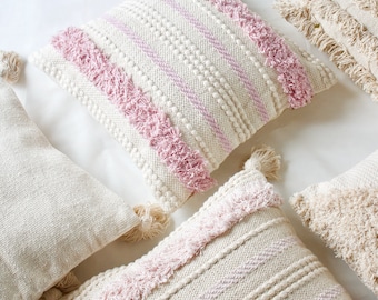Blush Pink Boho Throw Pillow Cover With Tassels - Woven Natural White & Pink Cushion Cover - 45cm(18&quot;) Australia -Decorative Cushion Cover