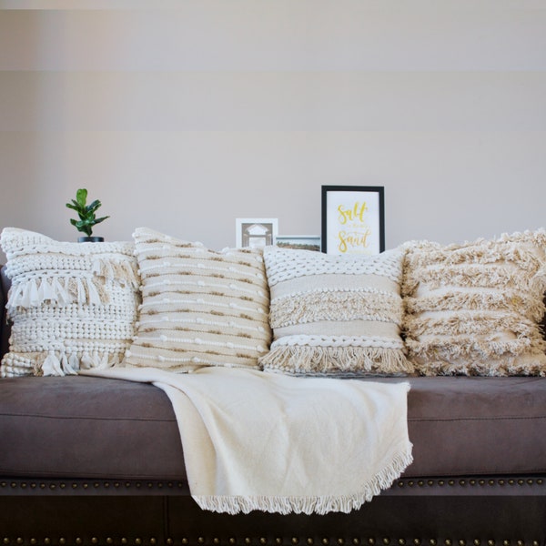 Set of 4 Boho Cushion Covers 18x18- Cream Ivory White Textured Throw Pillow Cover - Handwoven Cushions with Fringes & Tassels Australia