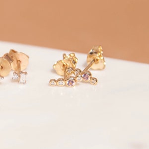 14K Solid Gold Four Dots Studs | Pink sapphire, diamonds studs | Minimalistic 14K earrings | Studs earrings | Tiny gold studs |