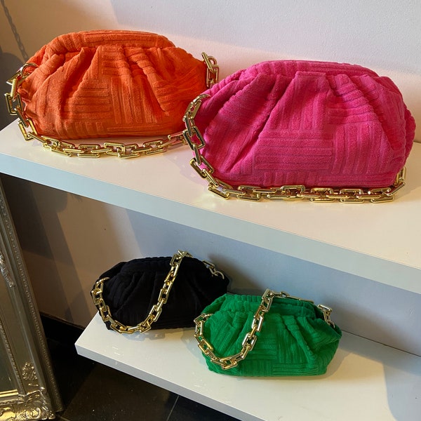 Ladies Cloud Bag Womens Pouch Bag Clutch Bag Bright Colour Handbag x2 Straps Gold Chain Strap Orange Clutch Fushia Clutch Green Clutch Bag