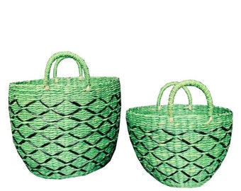 ANBEZT - TUYHOA Set 2 of Storage baskets green square black handmade in sea rush interior decoration, Christmas gift ideas.