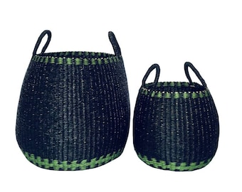 ANBEZT - NHATRANG Set 2 de Paniers de rangement noir vert fait main en jonc de mer décoration intérieure, idées cadeaux noel.