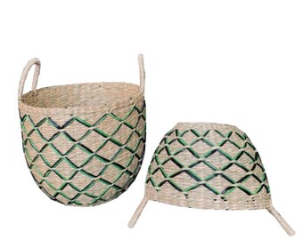 ANBEZT - BINHDINH Juego de 2 cestas de almacenamiento cuadradas verdes y negras hechas a mano en decoración de interiores de pasto marino, ideas para regalos de Navidad.
