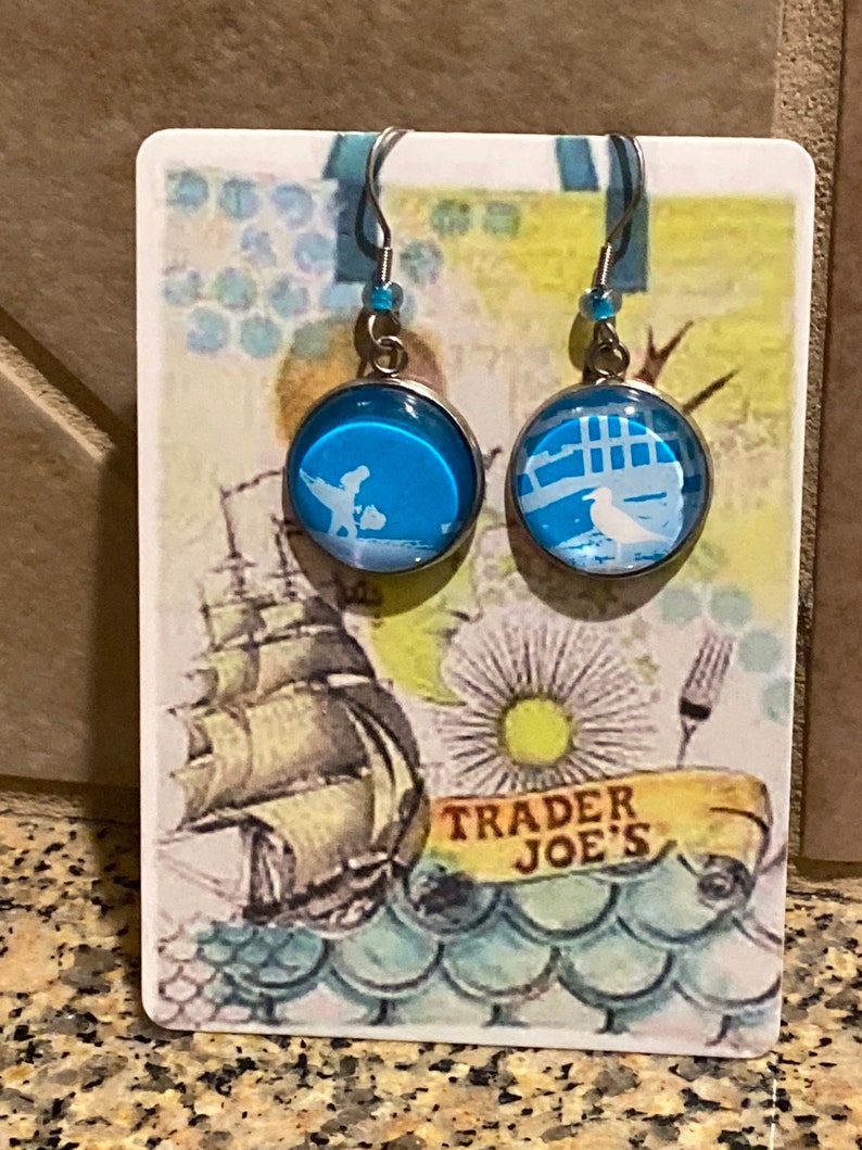 Repurposed Trader Joe\u2019s bag tag earrings California surfer