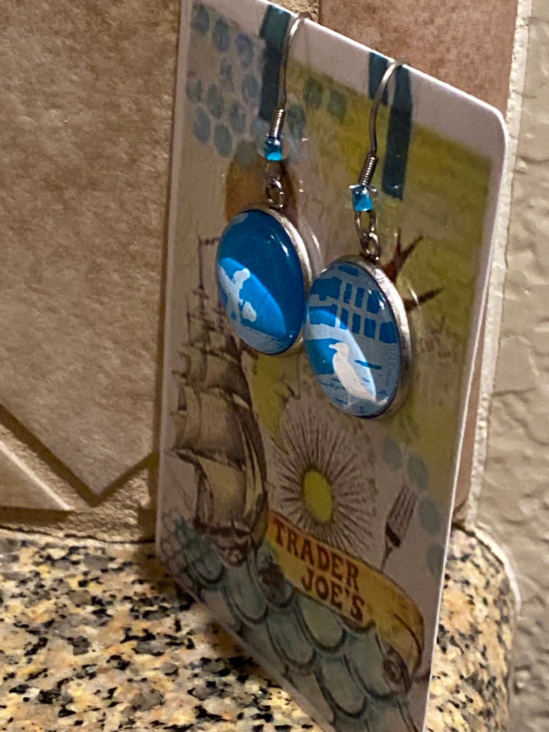 Repurposed Trader Joe\u2019s bag tag earrings California surfer