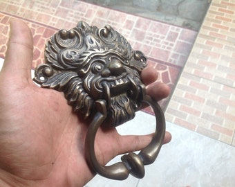 Ancient VINTAGE Balinese BARONG Creature ANTIQUE Solid Brass Detailed Door Knocker with Pull Knocker KET007