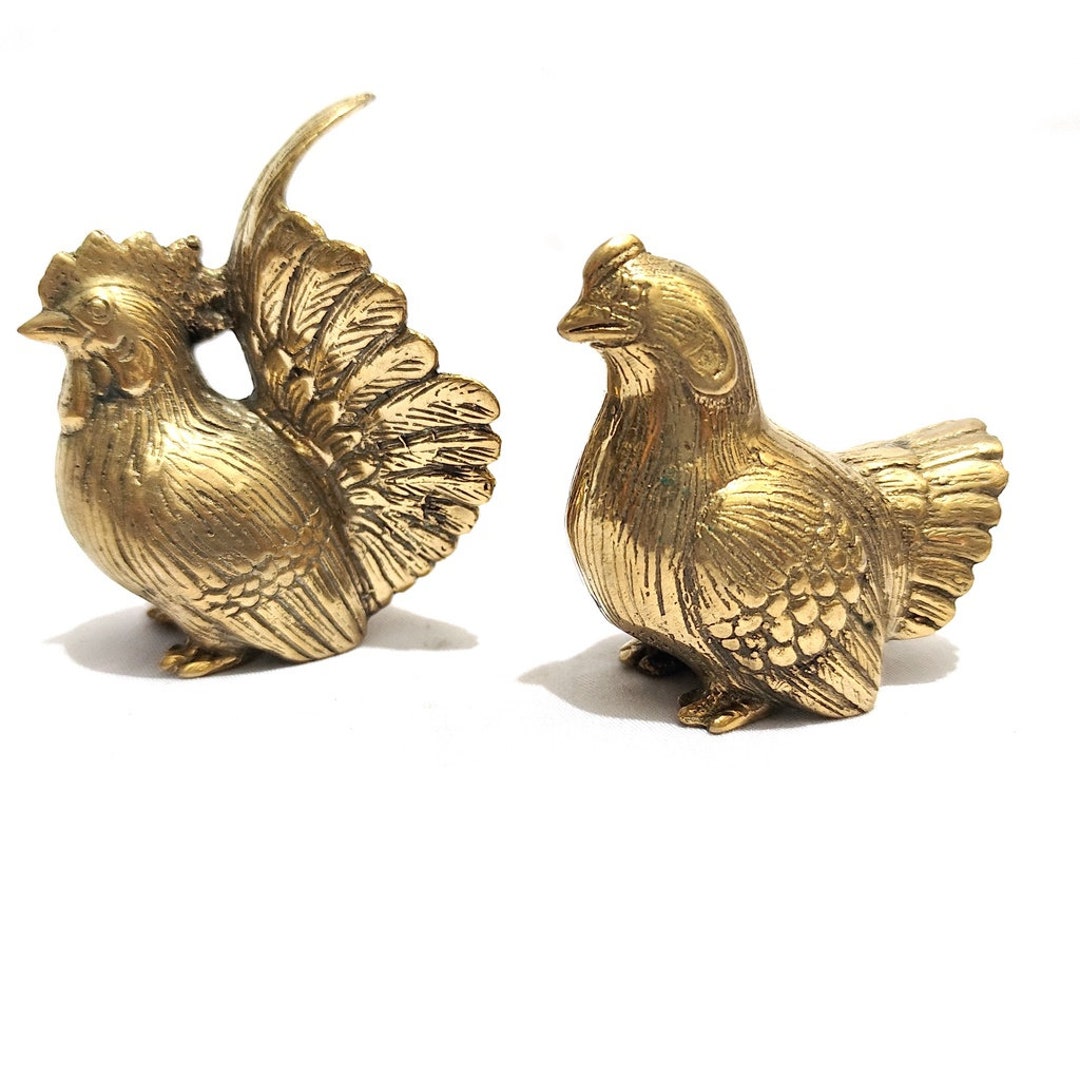 1 Paar Hahn und Henne Statue aus massivem Messing Vintage Messing Huhn ...