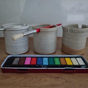 artists paint brush rest water pot white, oat meal, blue, green ceramic handmade pottery