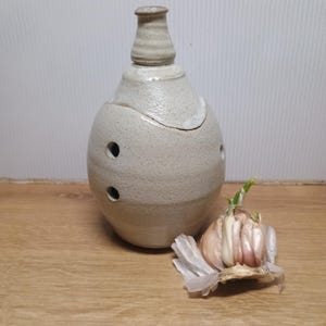 Garlic keeper handmade garlic saver pot jar Cornish pottery in speckled oatmeal