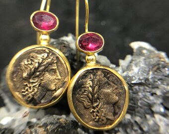 Handmade Roman Bronze Earring 24K Gold Over 925K Sterling Silver  with Ruby   Valantine days, Women DayMultistone