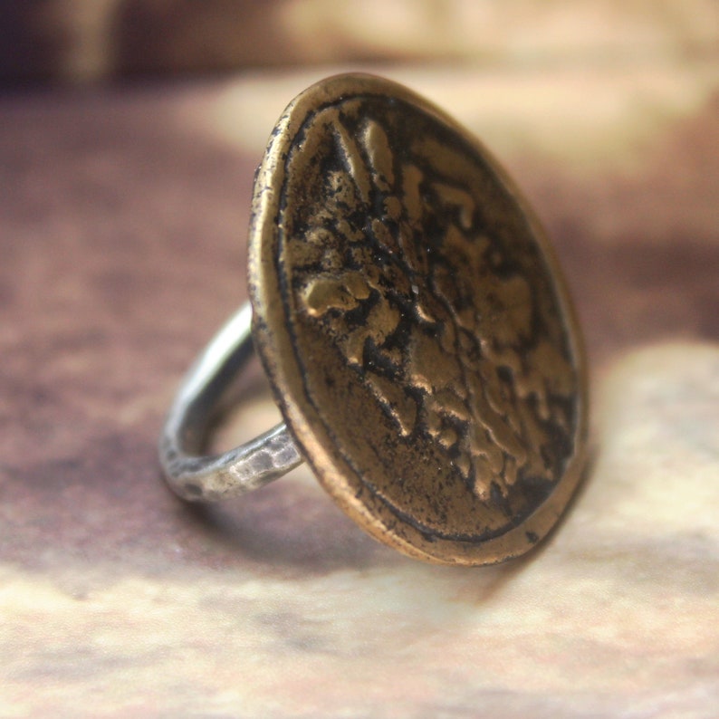 Free Resize Intaglio Sterling Silver 925K Gold Over 18K Jewelry Ancient Design Handmade Roman Bronze Replica Coin Hammered Band Ring