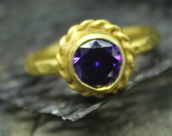 Ancient Design Handmade Hammered Natural Amethyst Twisted Ring 22K Gold over Sterling Silver 