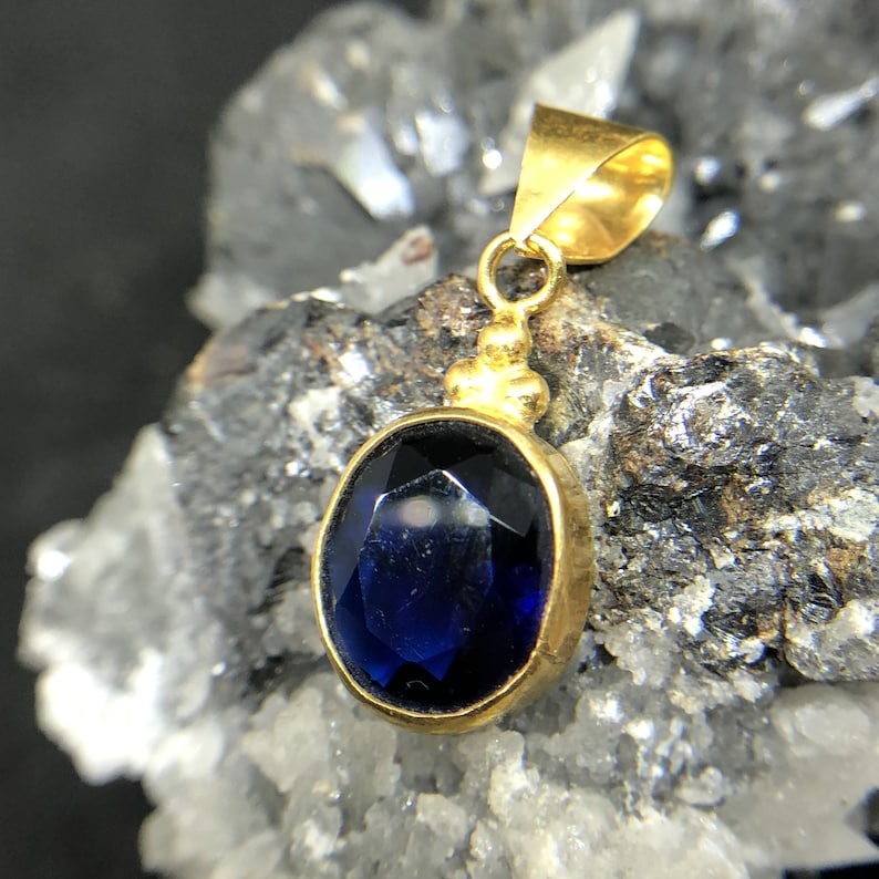 Sterling Silver 925K Gold Over 18K Handmade Oval Sapphire Ancient Designe Pendant