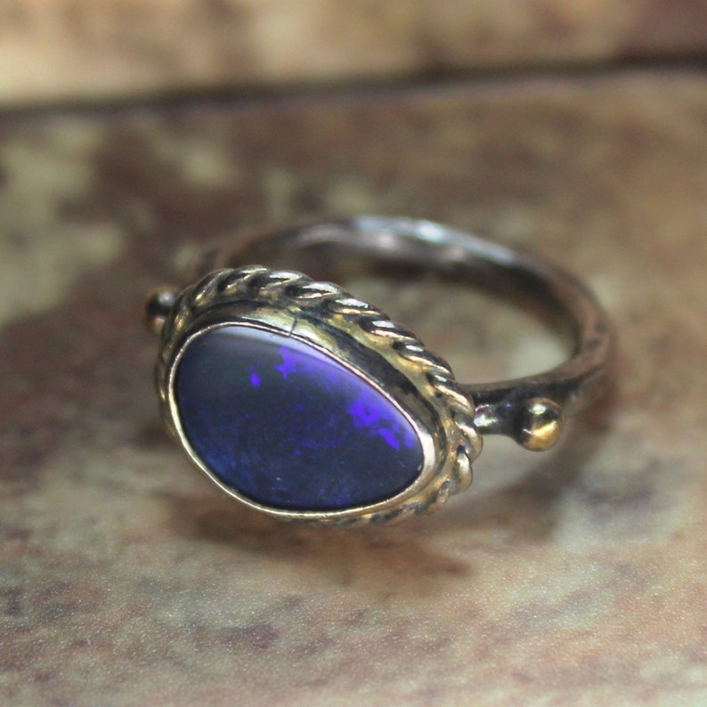 Free Resize Sterling Silver 925K Gold Over 18K Handmade Natura Australian Opal Hammered Band Ring
