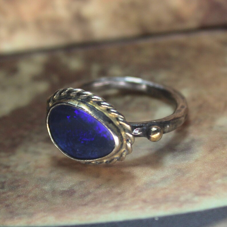 Free Resize Sterling Silver 925K Gold Over 18K Handmade Natura Australian Opal Hammered Band Ring