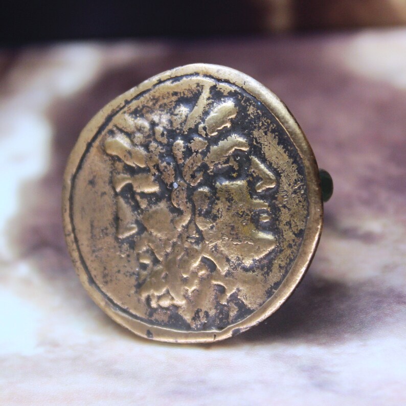 Free Resize Intaglio Sterling Silver 925K Gold Over 18K Jewelry Ancient Design Handmade Roman Bronze Replica Coin Hammered Band Ring