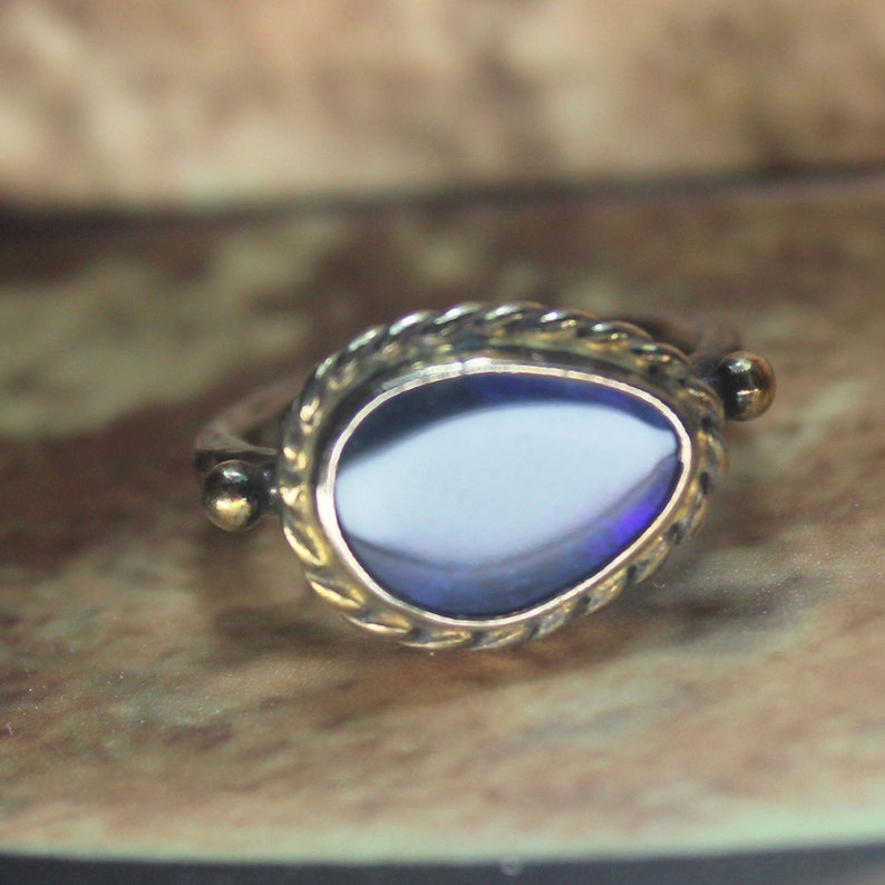 Free Resize Sterling Silver 925K Gold Over 18K Handmade Natura Australian Opal Hammered Band Ring