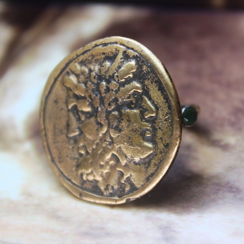 Free Resize Intaglio Sterling Silver 925K Gold Over 18K Jewelry Ancient Design Handmade Roman Bronze Replica Coin Hammered Band Ring