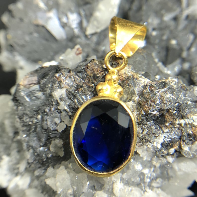 Sterling Silver 925K Gold Over 18K Handmade Oval Sapphire Ancient Designe Pendant