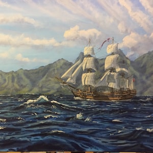 Bounty at Tahiti. Klasyczne statki. Sztuka morska. Oryginalne malarstwo. Wiek żagli.