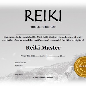 May include: A black and white certificate with the text "REIKI" in large letters at the top. The certificate states that the recipient has successfully completed the Usui Reiki Master required course of study and is awarded the title and rights of Reiki Master. The certificate is signed by a Reiki Master/Teacher and includes a gold seal with the text "Usui Reiki".
