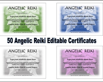 50 x Angelic Reiki (Editable) Certificate Templates - Professionally designed.