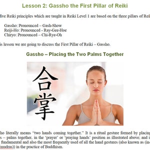 May include: A woman with her eyes closed is meditating with her hands in a prayer position. The Japanese characters for "Gassho" are shown in the background. The text reads "Gassho - Placing the Two Palms Together".